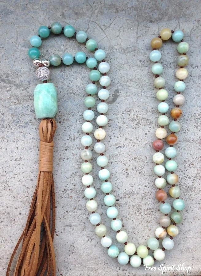 Handmade Natural Amazonite Stone & Leather Tassel Necklace - Free Spirit Shop