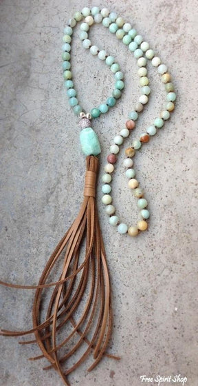 Handmade Natural Amazonite Stone & Leather Tassel Necklace - Free Spirit Shop