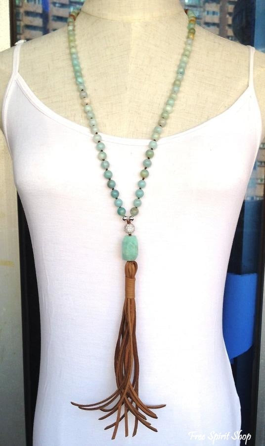 Handmade Natural Amazonite Stone & Leather Tassel Necklace - Free Spirit Shop