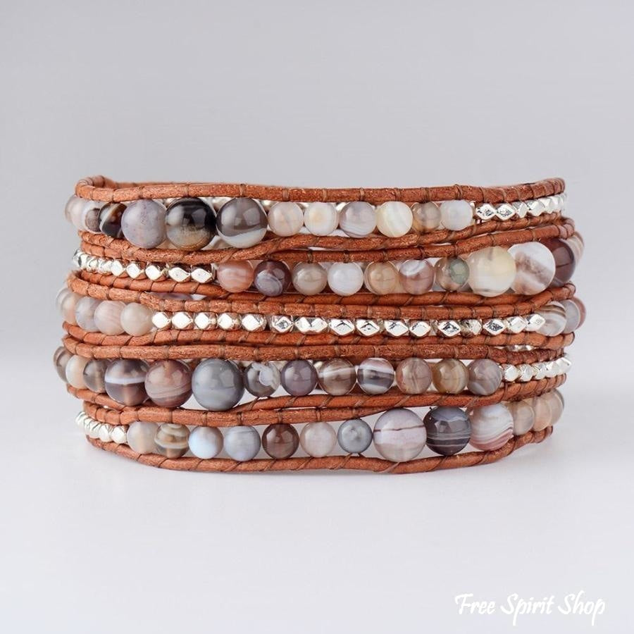 Handmade Natural Botswana Agate Gemstone Leather Wrap Bracelet - Free Spirit Shop