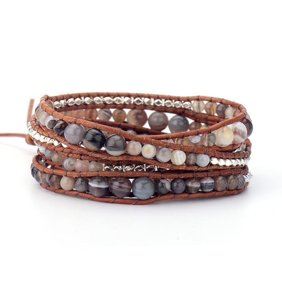 Handmade Natural Botswana Agate Gemstone Leather Wrap Bracelet - Free Spirit Shop