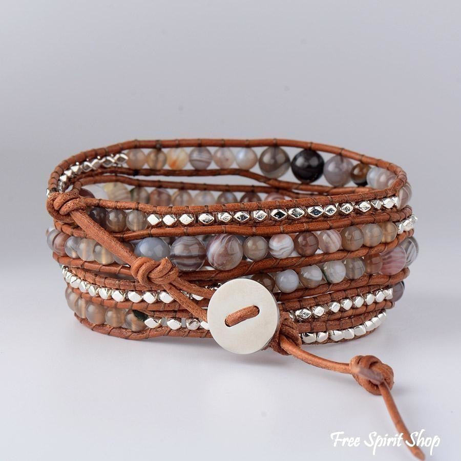 Handmade Natural Botswana Agate Gemstone Leather Wrap Bracelet - Free Spirit Shop