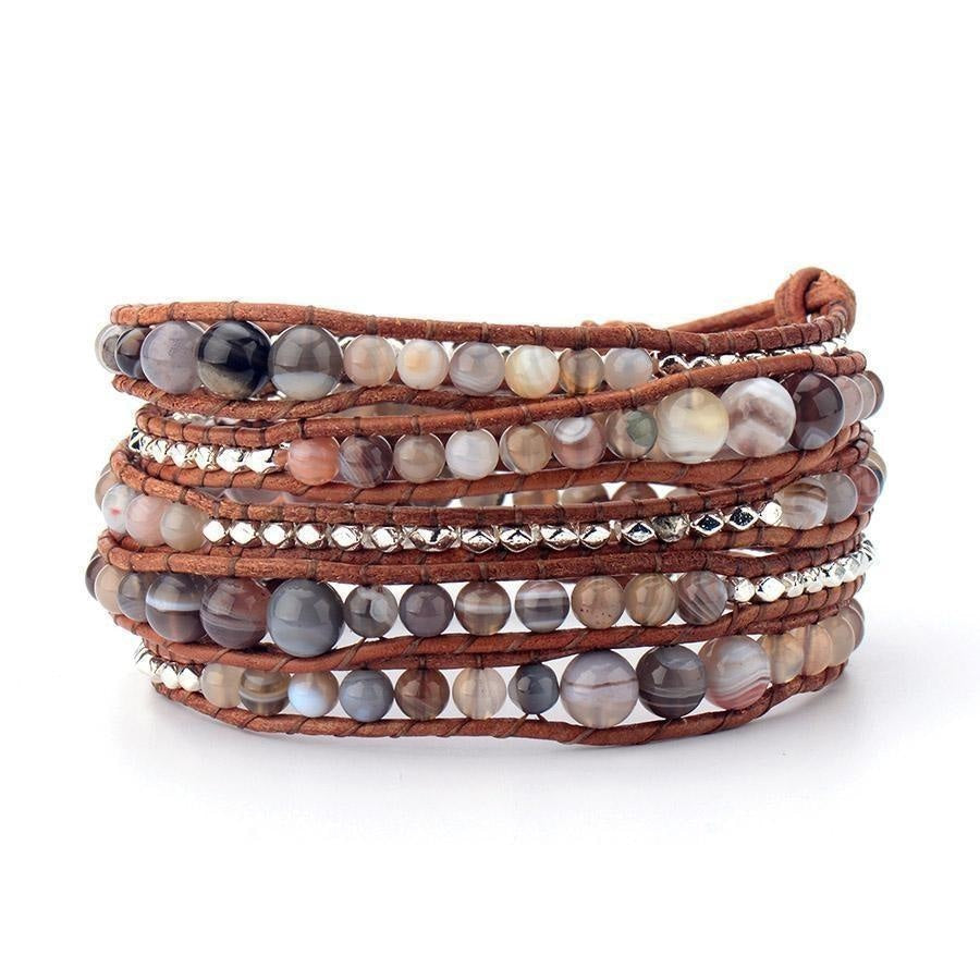 Handmade Natural Botswana Agate Gemstone Leather Wrap Bracelet - Free Spirit Shop