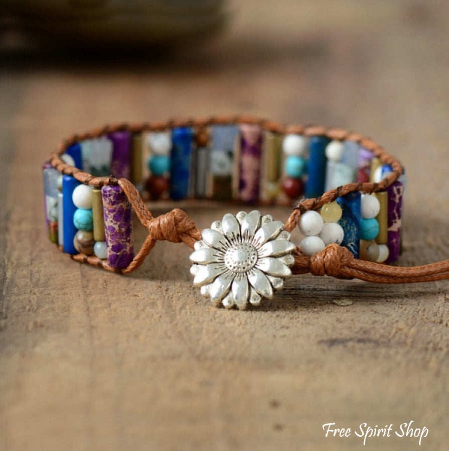 Handmade Natural Gemstone Sunflower Leather Wrap Bracelet - Free Spirit Shop