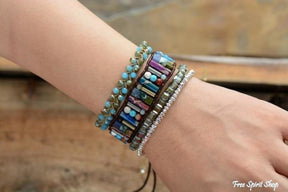 Handmade Natural Gemstone Sunflower Leather Wrap Bracelet - Free Spirit Shop