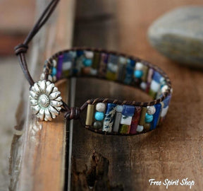 Handmade Natural Gemstone Sunflower Leather Wrap Bracelet - Free Spirit Shop