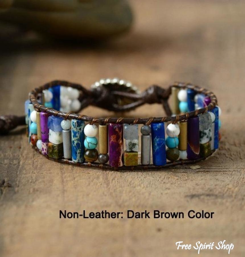 Handmade Natural Gemstone Sunflower Leather Wrap Bracelet - Free Spirit Shop