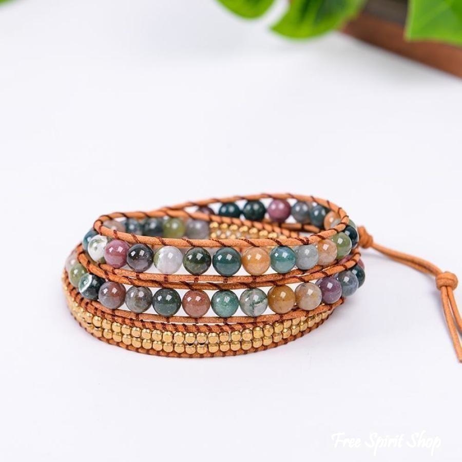 Handmade Natural Indian Agate Leather Wrap Bracelet - Free Spirit Shop