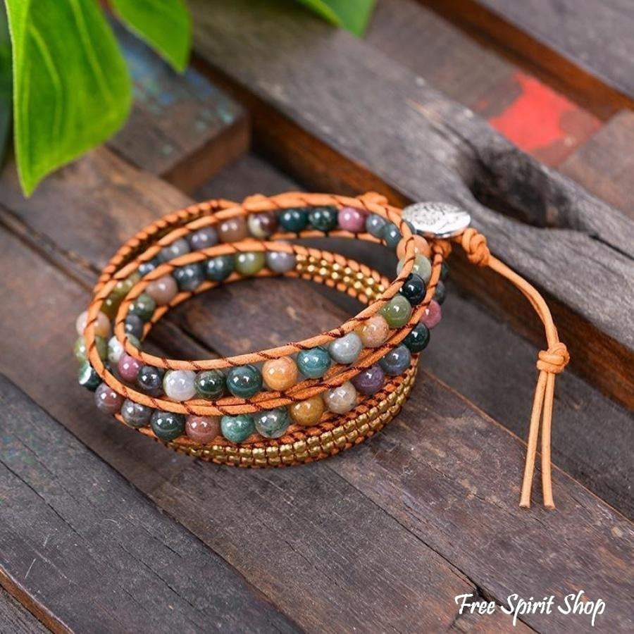 Handmade Natural Indian Agate Leather Wrap Bracelet - Free Spirit Shop