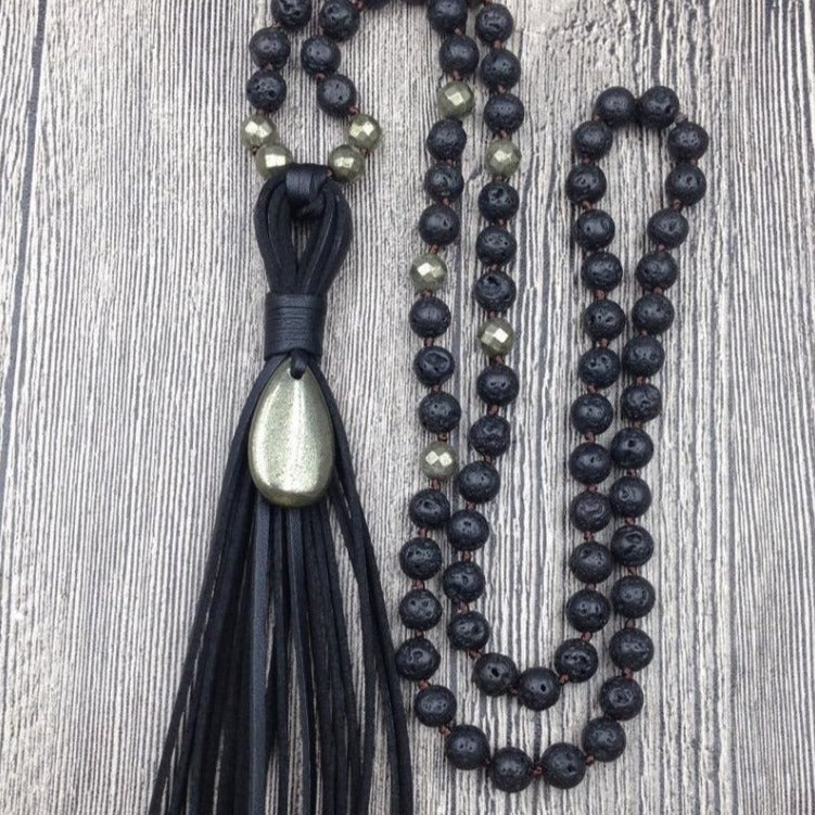 Handmade Natural Lava Stone & Pyrite Mala Necklace With Leather Tassel - Free Spirit Shop