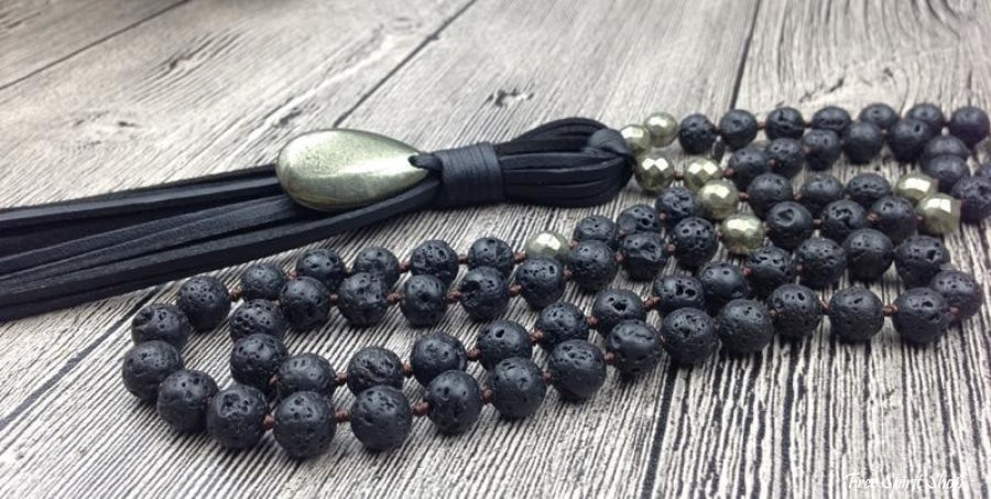 Handmade Natural Lava Stone & Pyrite Mala Necklace With Leather Tassel - Free Spirit Shop
