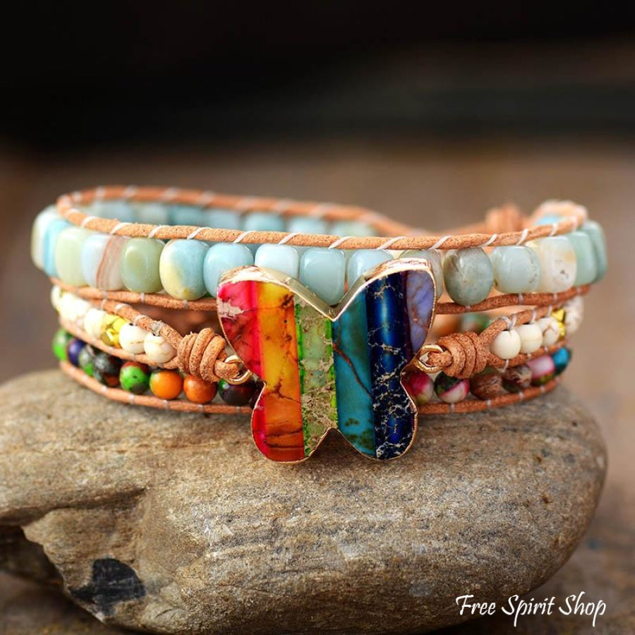 Handmade Rainbow Butterfly & Amazonite Wrap Bracelet - Free Spirit Shop