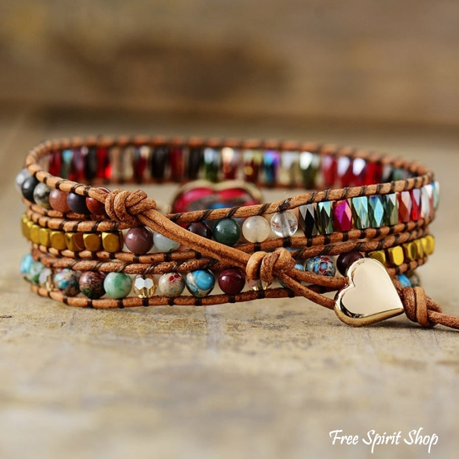 Mixed Beads & Red Heart Jasper Charm Wrap Bracelet - Free Spirit Shop