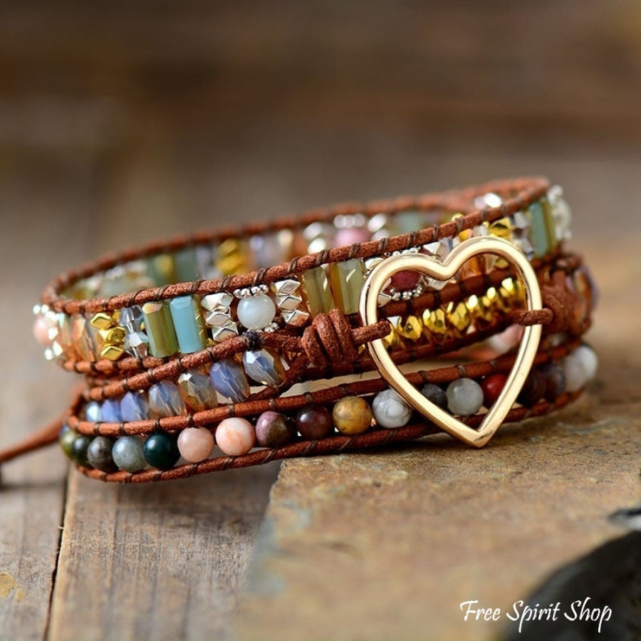 Mixed Gemstones & Heart Charm Wrap Bracelet - Free Spirit Shop