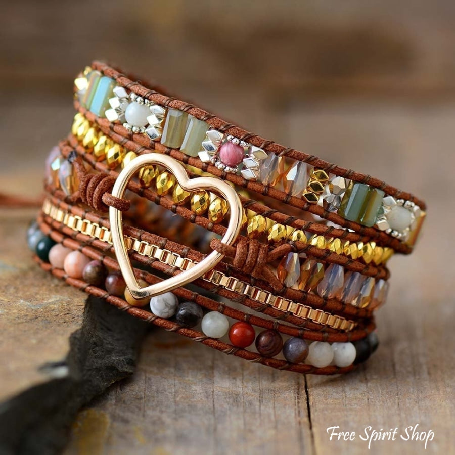 Mixed Gemstones & Heart Charm Wrap Bracelet - Free Spirit Shop