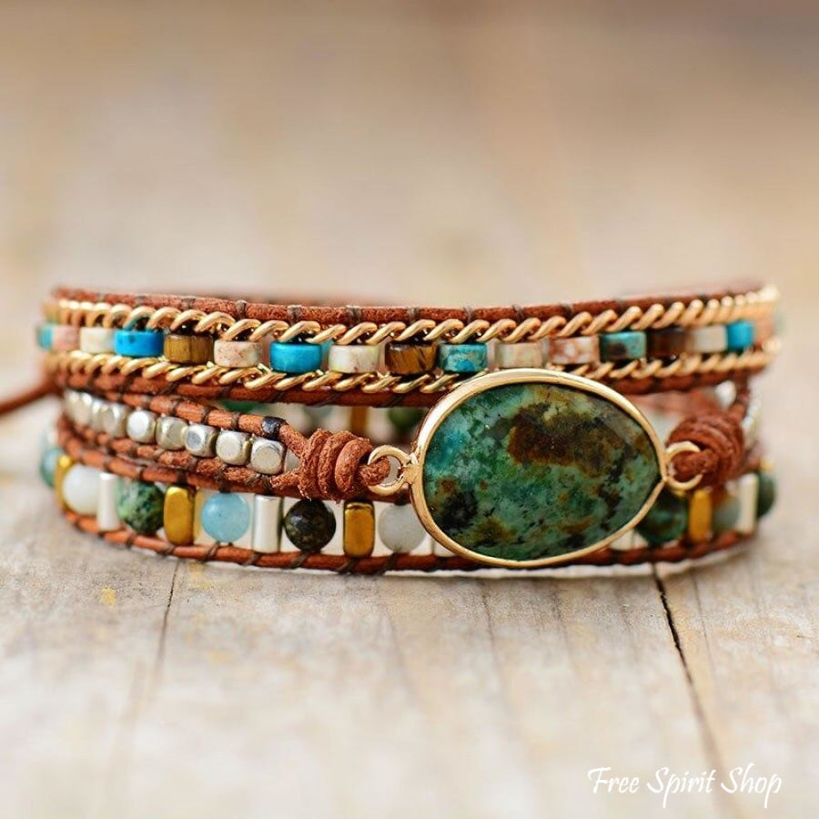 Natural African Turquoise & Mixed Beads Wrap Bracelet - Free Spirit Shop