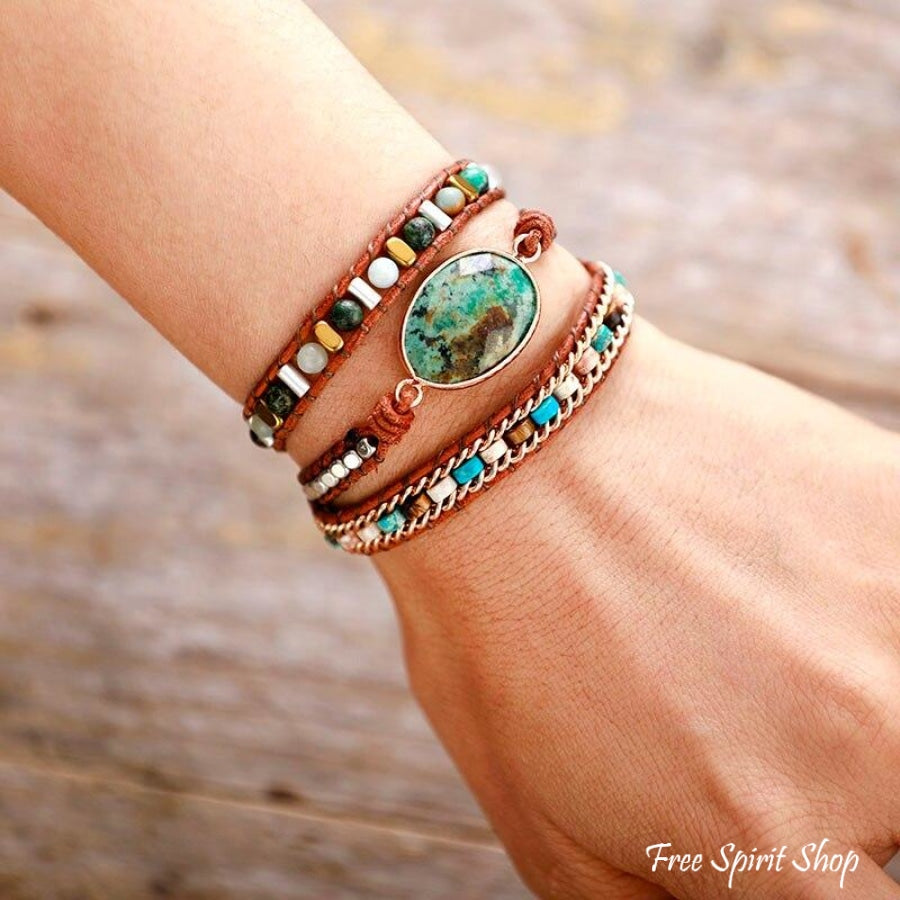Natural African Turquoise & Mixed Beads Wrap Bracelet