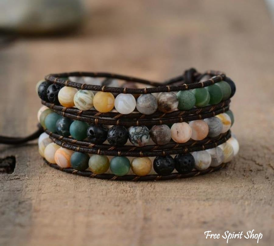 Natural Agate Black Lava & Green Onyx Beaded Wrap Bracelet - Free Spirit Shop