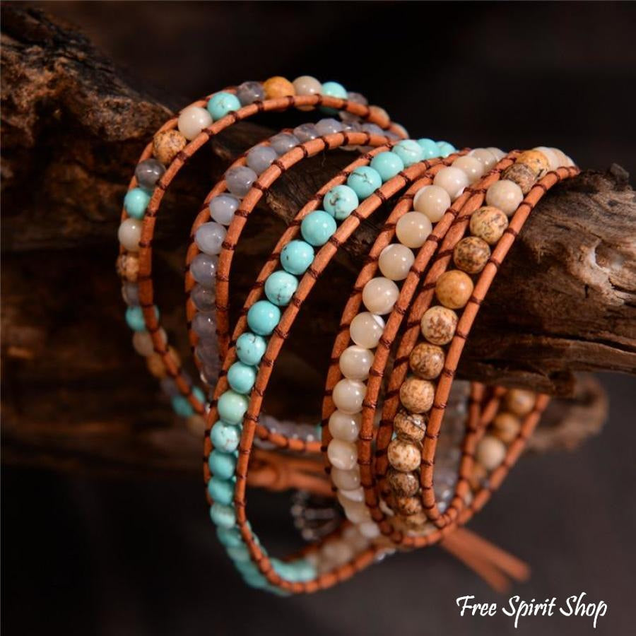 Natural Agate, Jasper & Howlite Stone Leather Wrap Bracelet - Free Spirit Shop