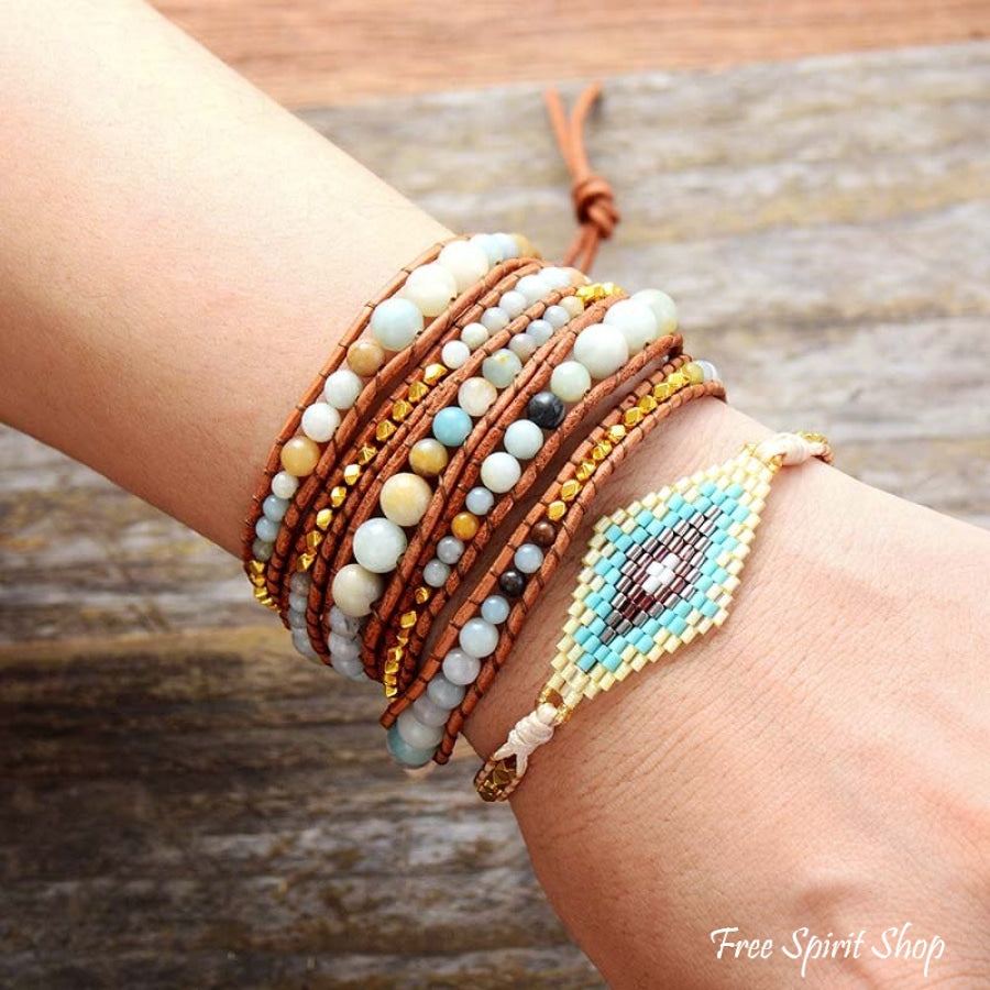 Natural Amazonite & Gold Plated Bead Wrap Bracelet - Free Spirit Shop