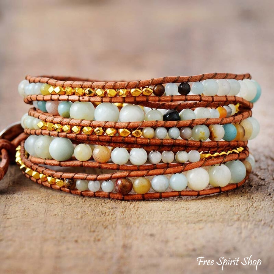 Natural Amazonite & Gold Plated Bead Wrap Bracelet - Free Spirit Shop