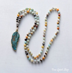 Natural Amazonite Stone & Feather Pendant Necklace - Free Spirit Shop