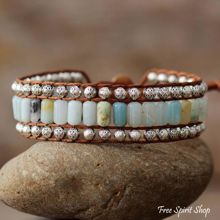 Natural Amazonite & Tibetan Bead Wrap Bracelet - Free Spirit Shop