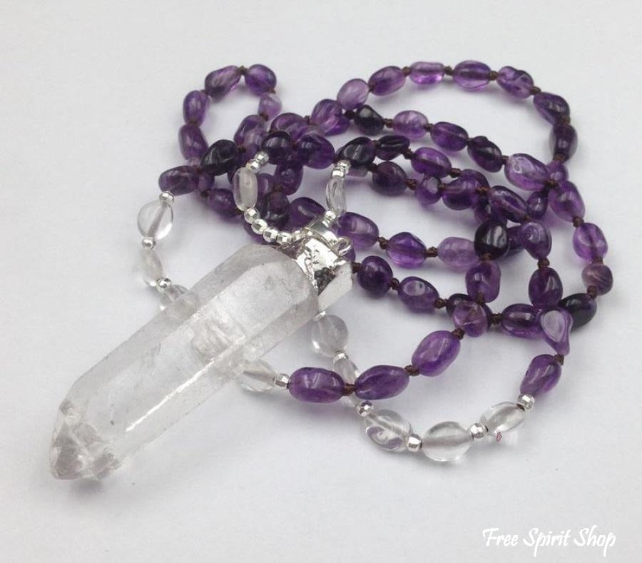 Natural Amethyst & Clear Quartz Gemstone Mala Bead Necklace - Free Spirit Shop