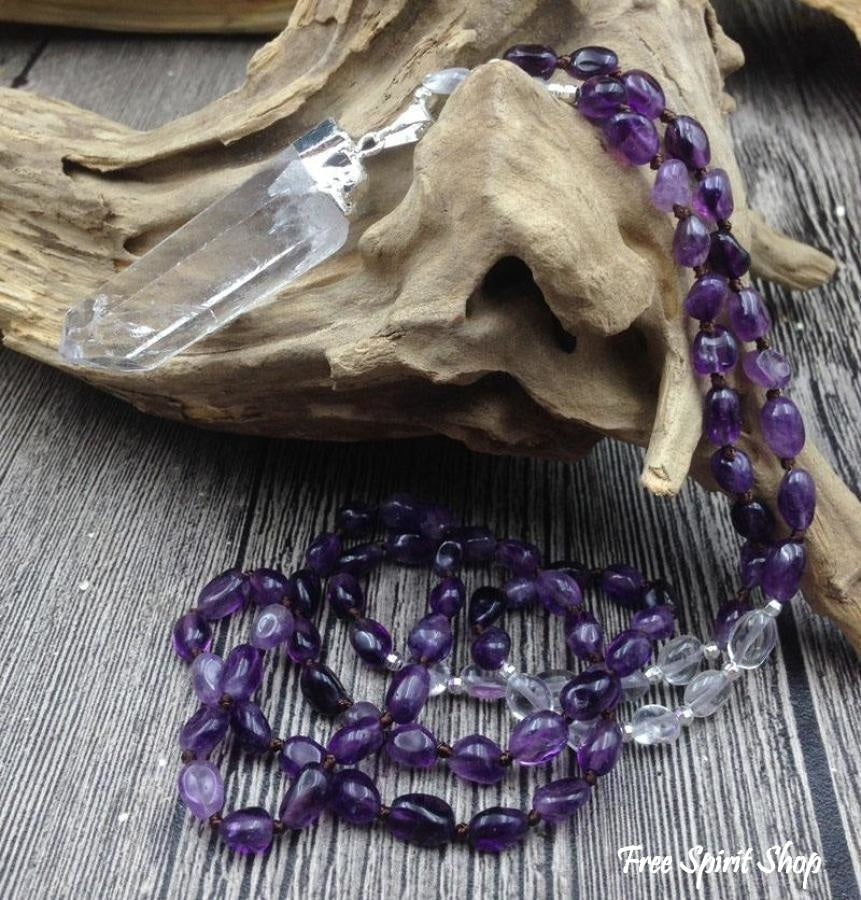 Natural Amethyst & Clear Quartz Gemstone Mala Bead Necklace - Free Spirit Shop