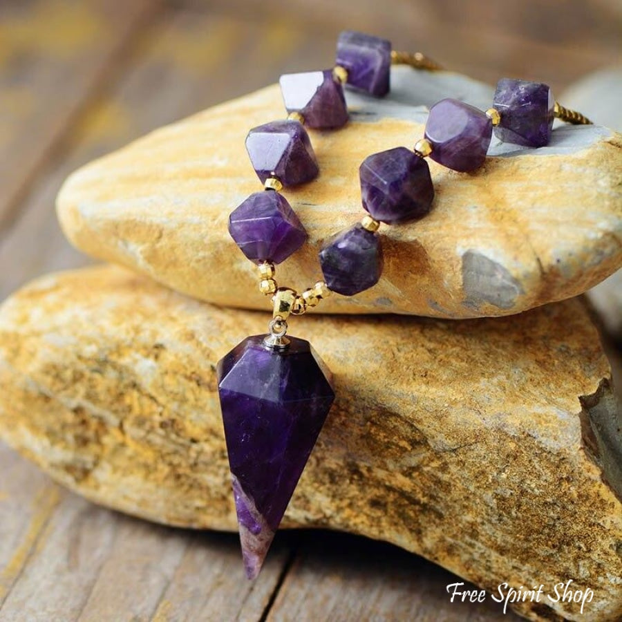 Natural Amethyst Diamond Shaped Pendant Necklace - Free Spirit Shop