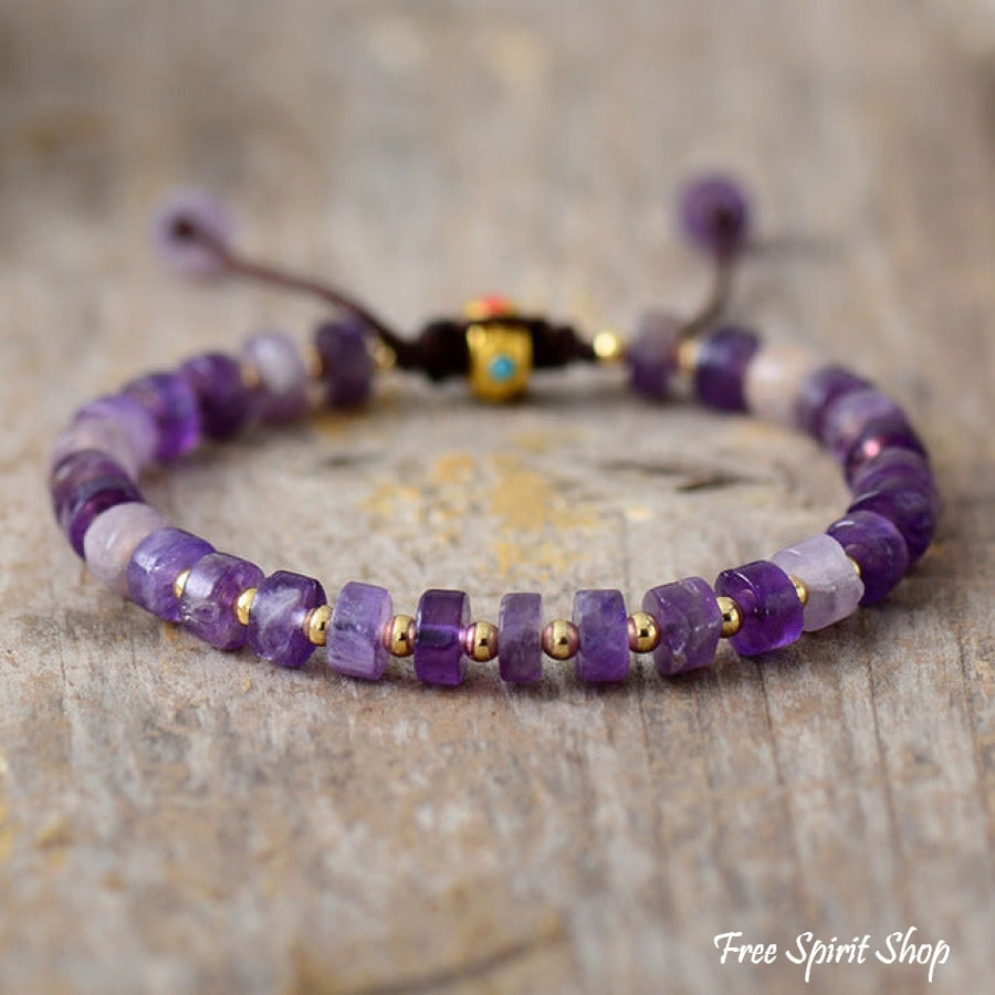 Natural Amethyst & Gold Bead Adjustable Bracelet - Free Spirit Shop