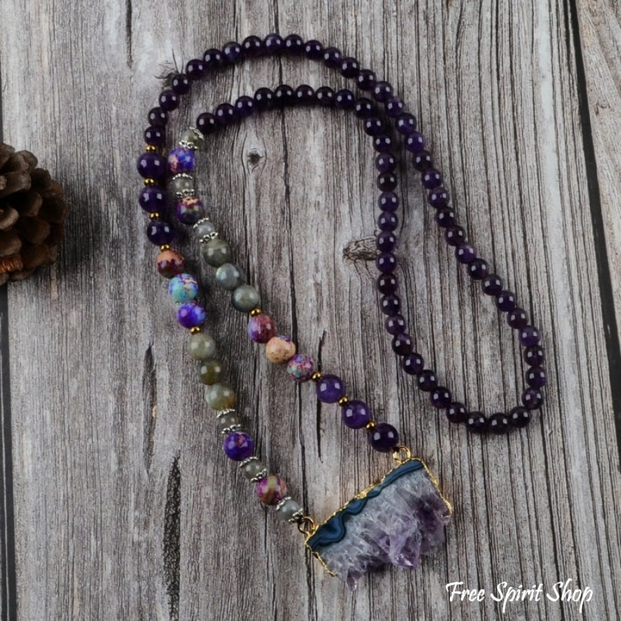 Natural Amethyst Jasper & Labradorite Beaded Druzy Necklace - Free Spirit Shop