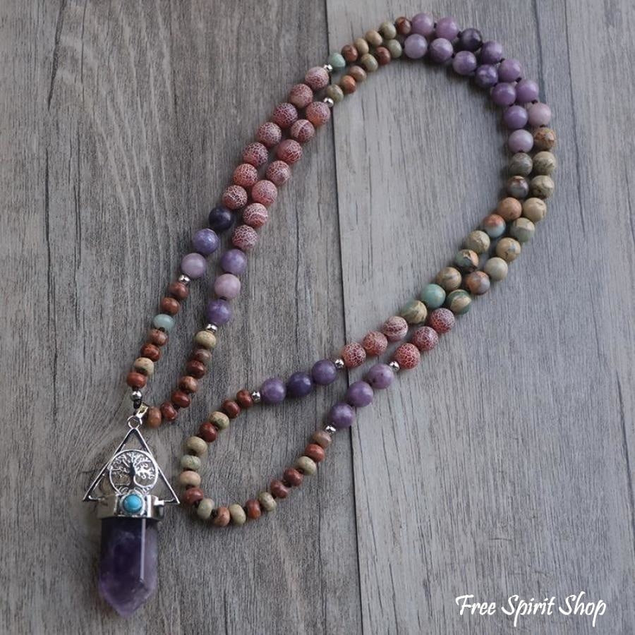 Natural Amethyst & Jasper Tree Of Life Bead Necklace - Free Spirit Shop