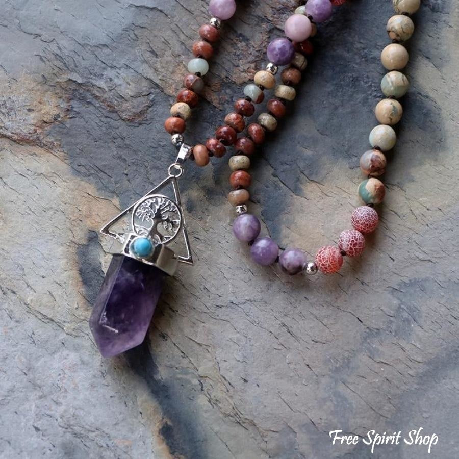 Natural Amethyst & Jasper Tree Of Life Bead Necklace - Free Spirit Shop