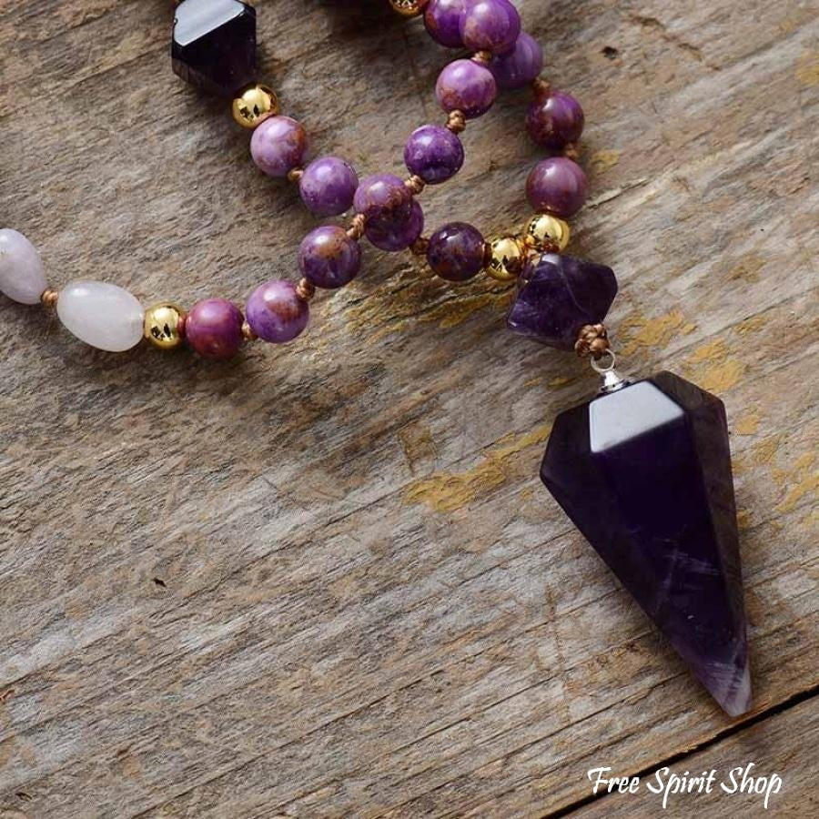 108 Natural Purple Jasper & Amethyst Wandpoint Crystal Mala Bead Necklace