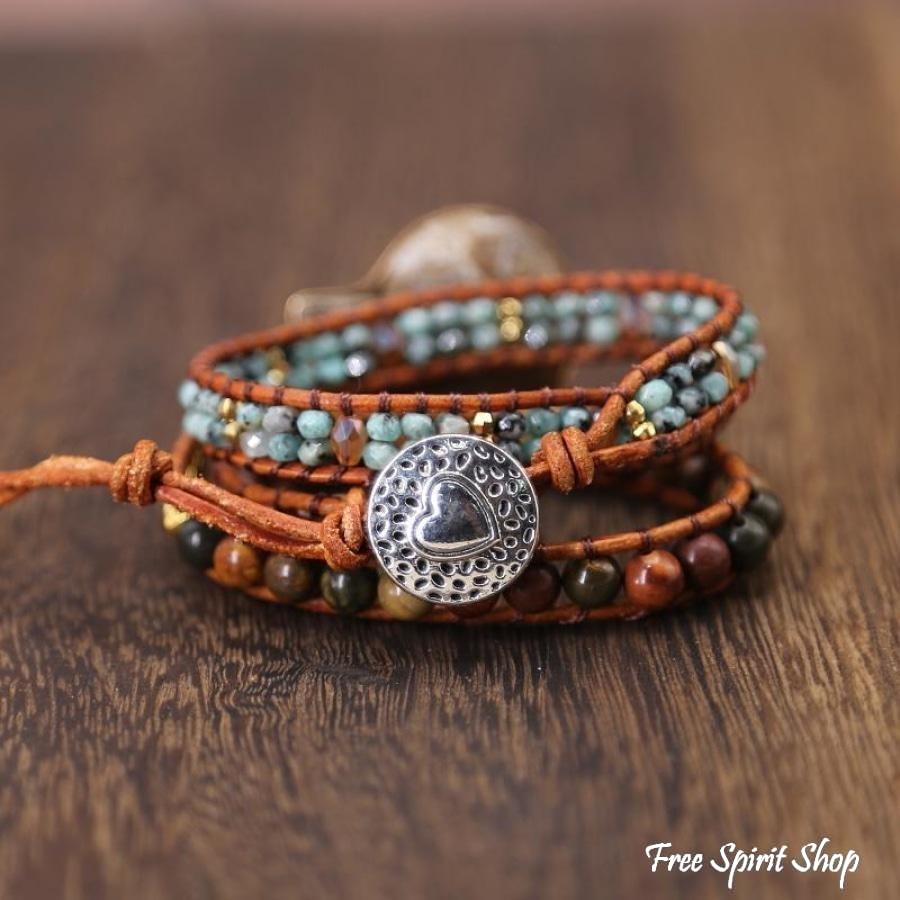 Natural Ammonite Fossil Jasper & African Turquoise Wrap Bracelet - Free Spirit Shop