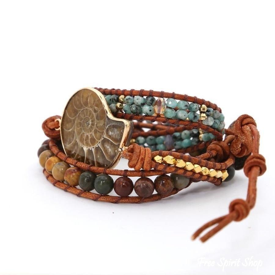 Natural Ammonite Fossil Jasper & African Turquoise Wrap Bracelet - Free Spirit Shop