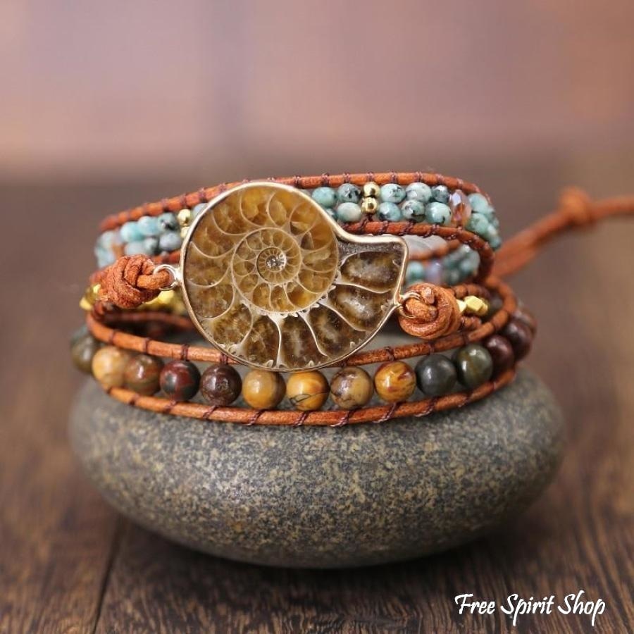 Natural Ammonite Fossil Jasper & African Turquoise Wrap Bracelet - Free Spirit Shop