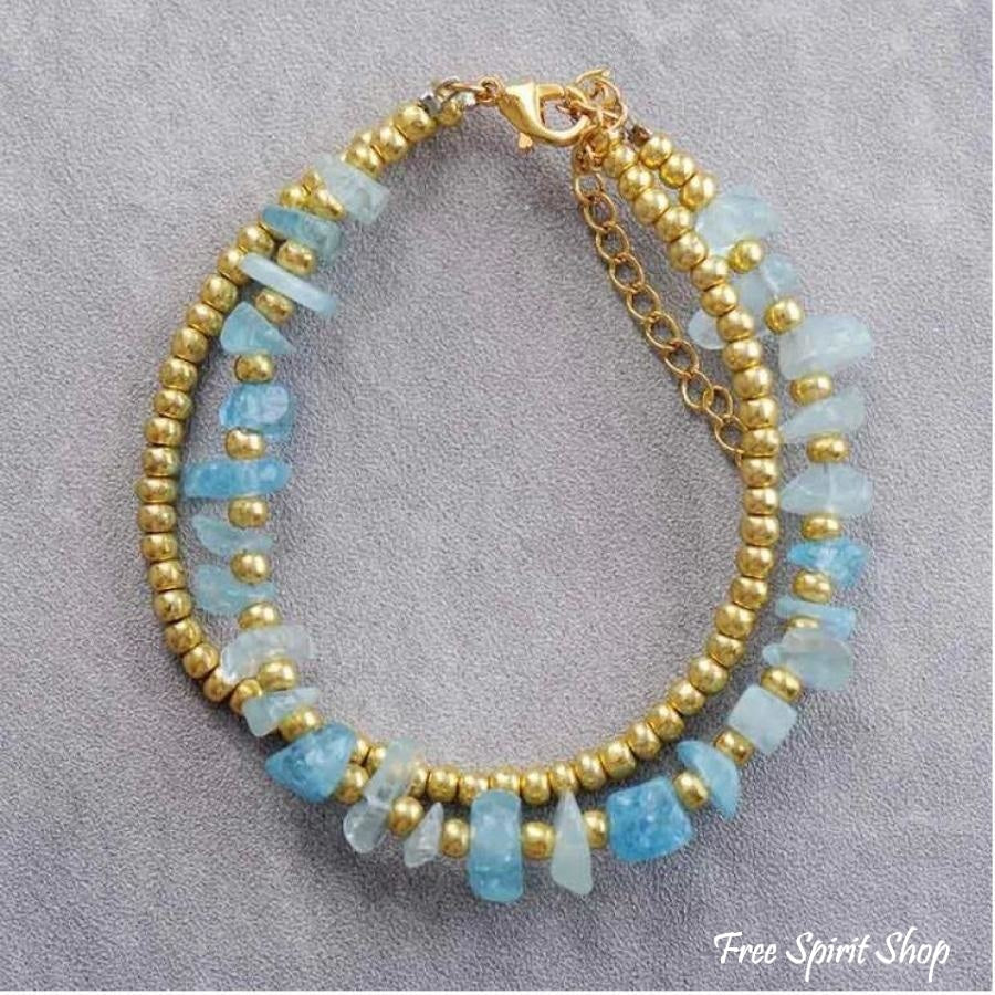 Natural Aquamarine & Quartz Beaded Bracelet - Free Spirit Shop