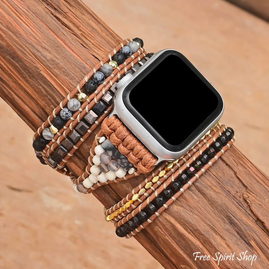 Natural Black Lava Stone Hematite & Snowflake Obsidian Apple Watch Band - Free Spirit Shop