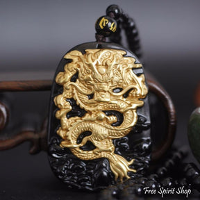 Natural Black Obsidian & Gold Plated Dragon Necklace - Free Spirit Shop