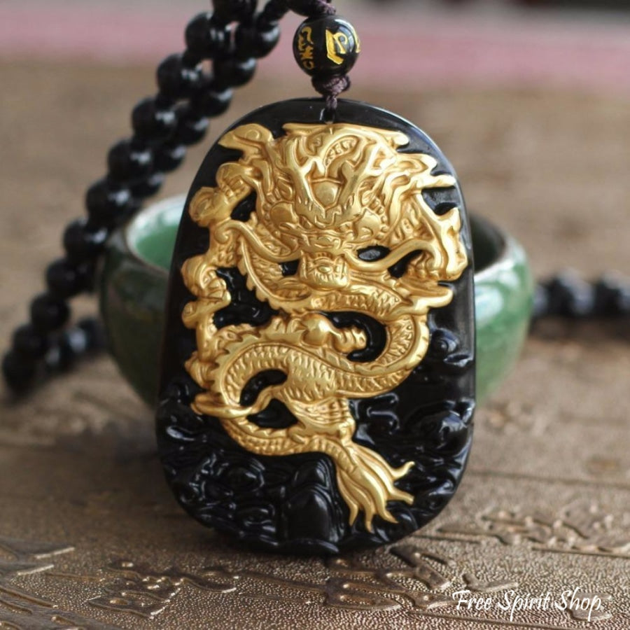 Natural Black Obsidian & Gold Plated Dragon Necklace - Free Spirit Shop