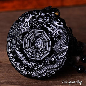 Natural Black Obsidian Hand-Carved Chinese Dragon Round Amulet Necklace - Free Spirit Shop