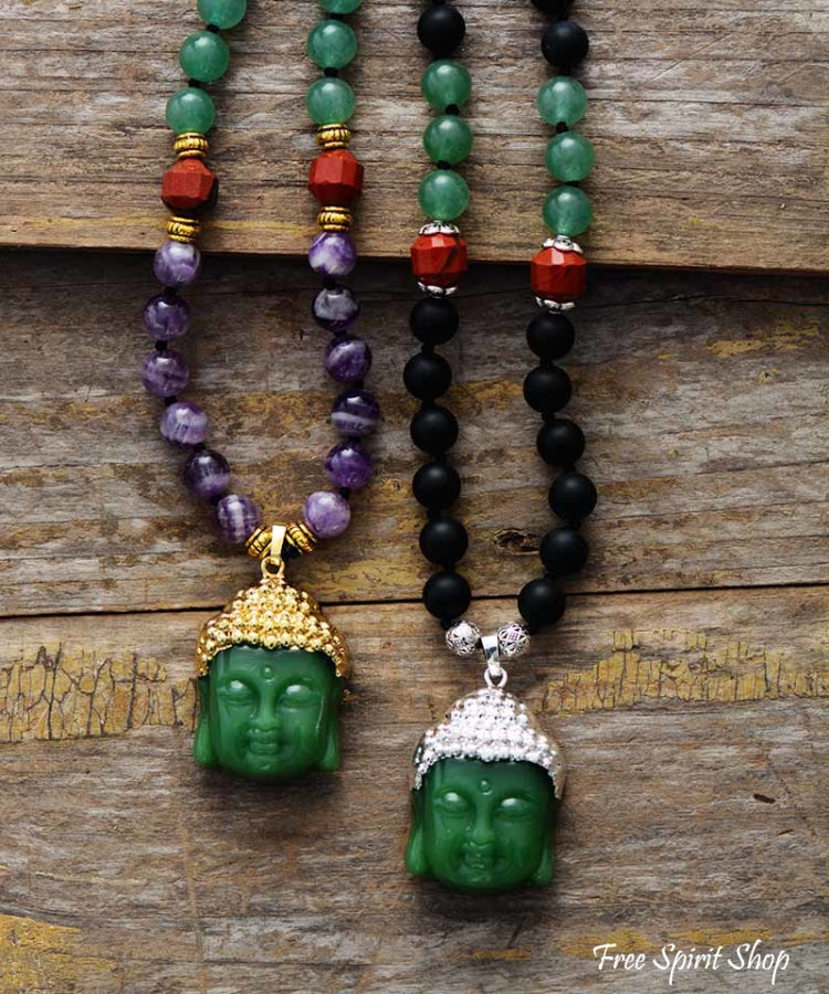 Natural Black Onyx & Green Jade Buddha Pendant Necklace - Free Spirit Shop