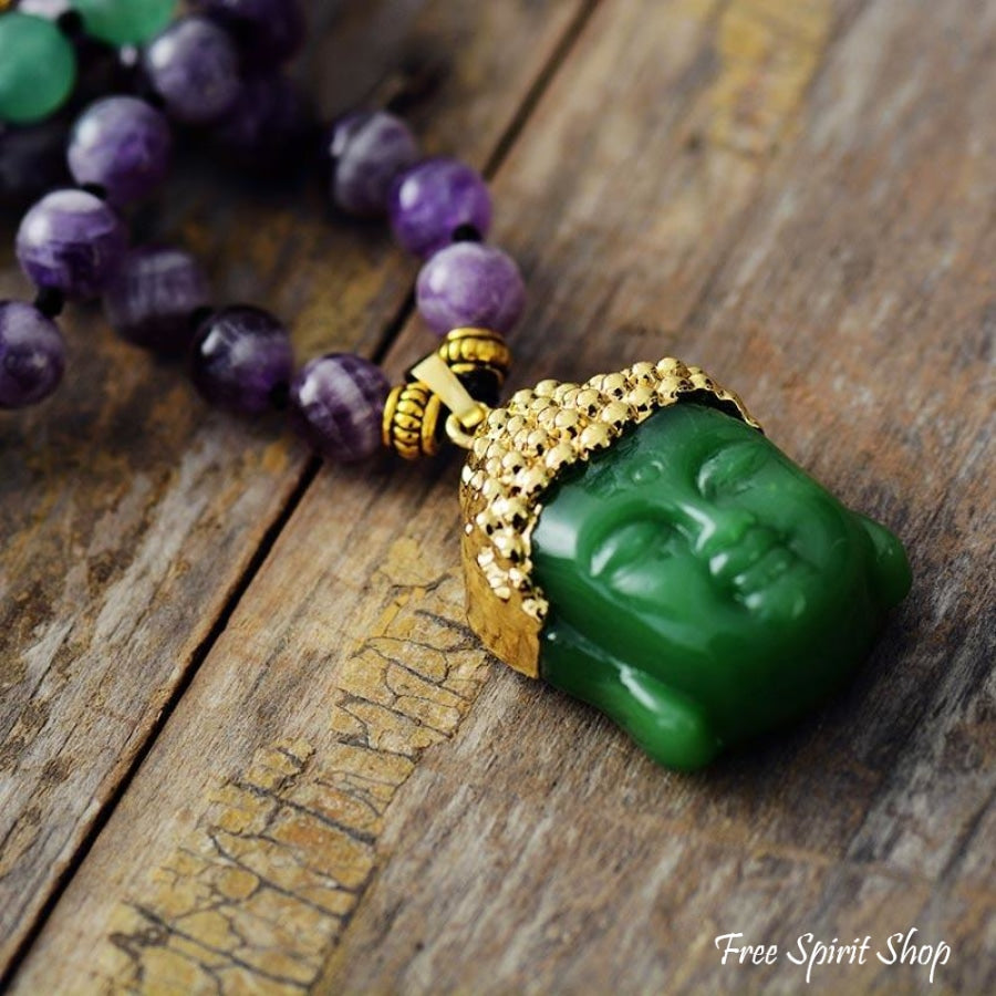 Natural Black Onyx & Green Jade Buddha Pendant Necklace - Free Spirit Shop