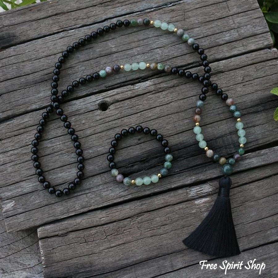 Natural Black Onyx, Indian Agate and Aventurine Bead Bracelet / Necklace - Free Spirit Shop