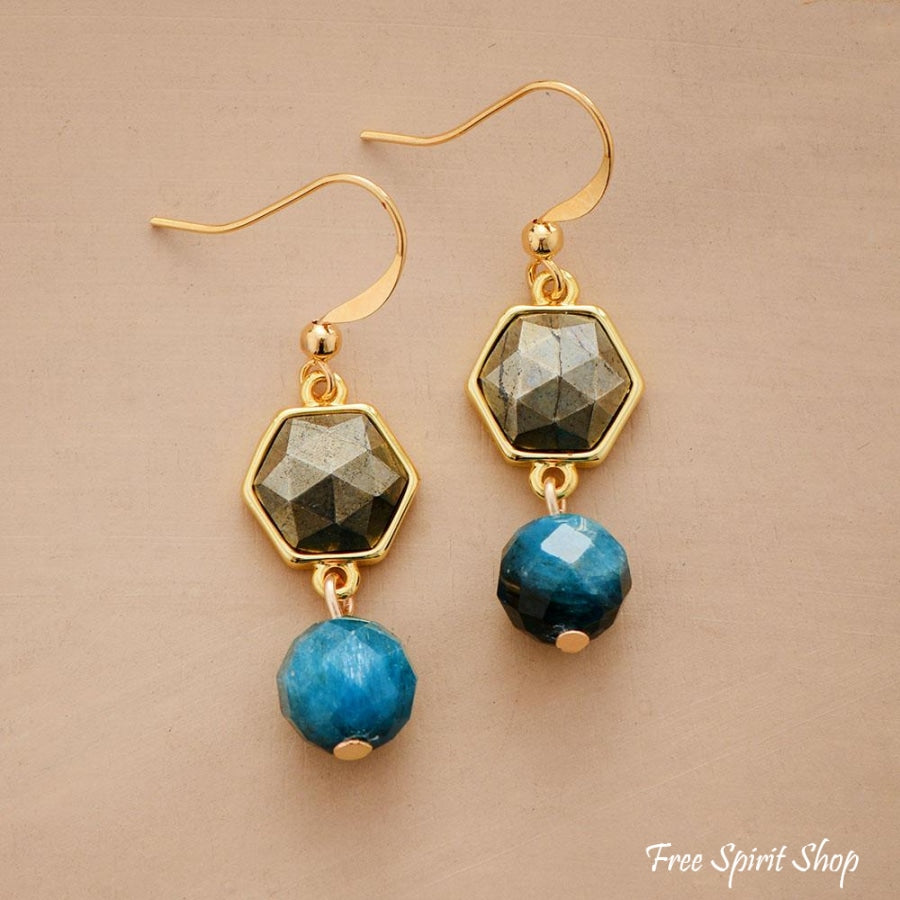 Natural Blue Apatite and Pyrite Earrings - Free Spirit Shop