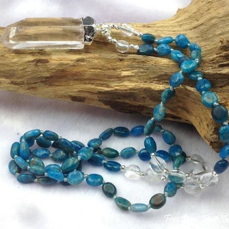 Natural Blue Apatite & Clear Quartz Crystal Necklace - Free Spirit Shop