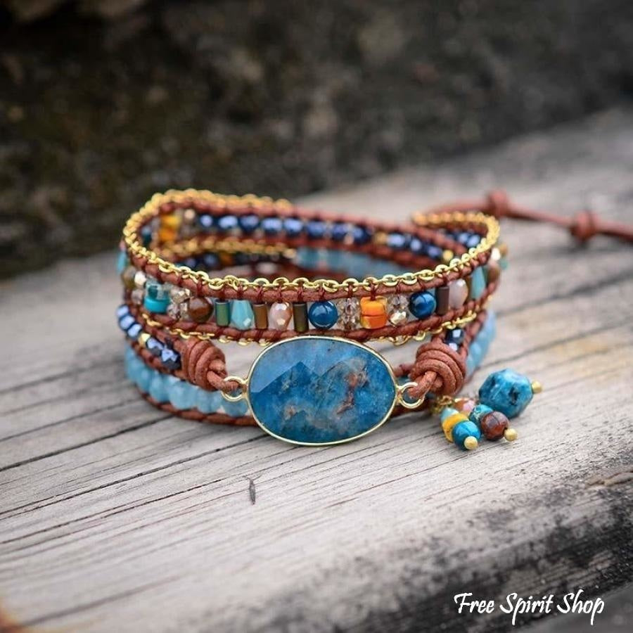 Natural Blue Apatite Gemstone Wrap Bracelet - Free Spirit Shop