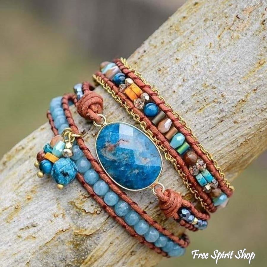 Natural Blue Apatite Gemstone Wrap Bracelet - Free Spirit Shop